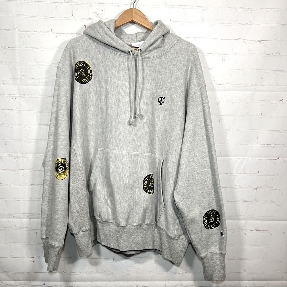 Champion Reverse Weave Peace Graphic Hoodie Sweatshirt Mens XL Gray Embroidered